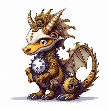 friendly dragon with cute eyes, standing up, in the style of steampunk, clipart, white background, lots of cogs,