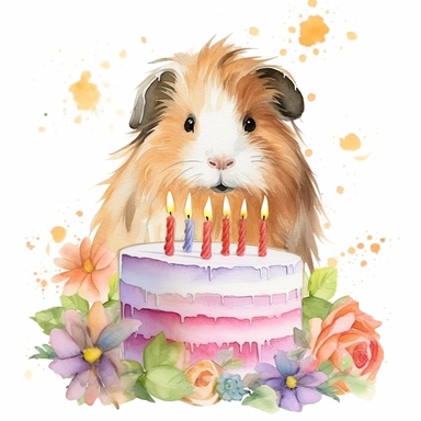 :Create a watercolor clipart picture of a cute long-haired guinea pig sitting next to a birthday cake, with small flowers and greenery. The guinea pig should be a friendly and curious breed, and the cake should be a single-tier design with pastel colors and simple decorations, such as sprinkles and candles. The flowers and greenery should be scattered around the cake and the guinea pig, creating a whimsical and natural feel. The guinea pig's long hair should be shown flowing in the breeze, creat