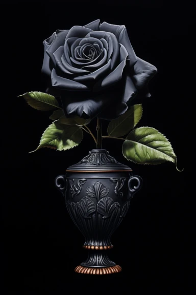 A highly detailed watercolor and pencil drawing of a clipart of black Rose in a vase gracefully showcased on a isolated white background,, The flower is meticulously rendered, capturing the intricate details of its petals, stamen, and sepals. The combination of watercolor and pencil techniques adds depth and dimension to the drawing, with the watercolor providing soft washes of color and the pencil adding fine lines and delicate shading. The drawing highlights the flower's elegant structure,emph
