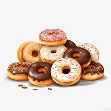Donut shop clipart, donuts, bagels, white background, hd, spaced out