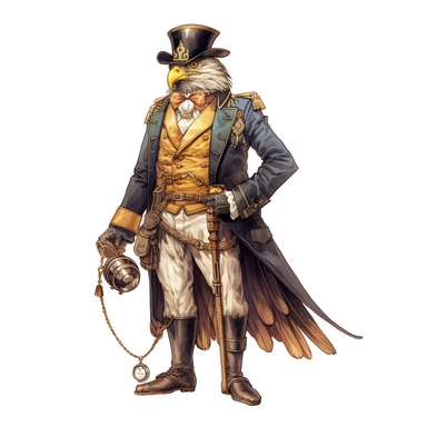 professional gouache hand-painted full body illustration of a steampunk eagle-man, Victorian clipart, isolated against white background, accurate, natural form, simple playful style, deep colour, softly lit by golden hour sunlight
