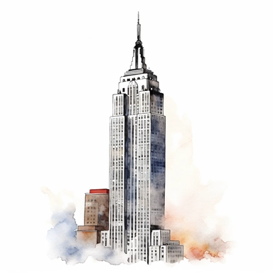 Empire state building in the style of delicate minimalistic illustration, sparse and simple bright watercolor, mostly blank, dotted, plenty of white space, low view, 8k, high resolution, hyper quality, separate element, clipart, white background