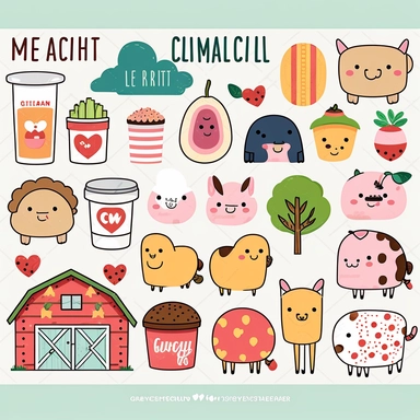 Create a set of cute and whimsical clipart illustrations featuring farm animals, crops, and other farm-related elements. Use a bright and colorful color palette to create a cheerful and inviting atmosphere. Incorporate playful and fun design elements, such as cartoon-style illustrations, smiling animals, and friendly farmers, to create a sense of warmth and approachability. Use simple and easy-to-understand shapes and forms to make the clipart easy for children to recognize and understand. Consi