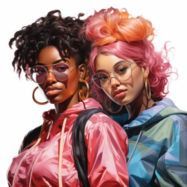 realistic illustration of two african american girls in their twenties. modern look, accesories, new look hairstyle, clothes in black and other intensive colors (for example purply, pink, turquoise, blue, yellow), clipart, isolated on white background, 4K