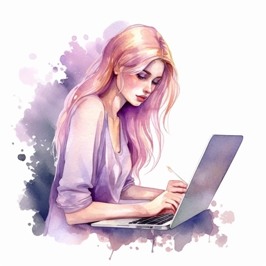 girl working on laptop, in the style of watercolor illustrations, pink and gold, soft lilac, serenity and harmony, various stroke techniques, on white background, clipart