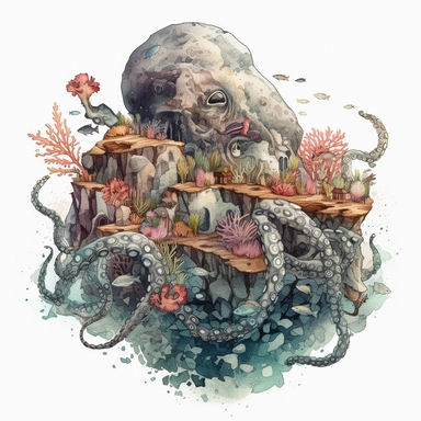 concrete illustration of a double le exposure rock octopus & colourful coral reef drawn with stones, clipart