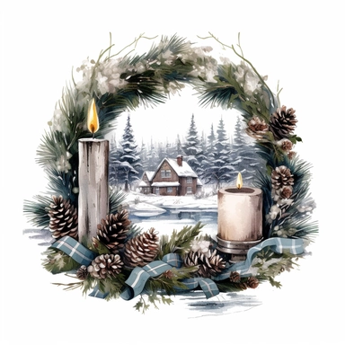 vintage design, advent wreath around, christmas theme oil paining Clipart Collection in beautiful winter landscape, advent wreath around, christmas theme, detailed, isolated, white background, one pattern