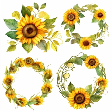 Create a collection of digital watercolor clipart featuring sunflower borders in various shapes, isolated on a white background. The sunflowers should be intricately designed, showcasing a harmonious blend of vibrant yellow petals, deep brown centers, and green leaves. Design the borders in different shapes such as circles, squares, rectangles, and ovals, with sunflowers arranged along the edges to create a visually appealing frame. Ensure that the sunflower borders are easily distinguishable fr
