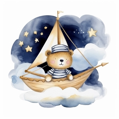 night sky clouds and a swarm of golden stars. a cute happy plushie sailor bear in a striped blue and white shirt and a white sailor hat, in a wooden sailboat with a white sail, sailing on fluffy clouds not sea. dreamy. prominent visible brush strokes, watercolour texture, watercolor clipart png on white background