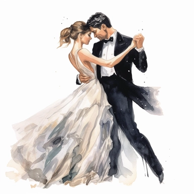 watercolor ultra-realistic and hyper-detailed clipart illustration on a white background of a beautiful bridal couple dancing waltz, the woman is wearing an elegant wedding dress with intricate details and a man is wearing a black suit