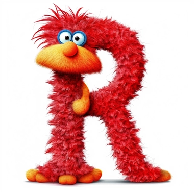 clipart style letter R, Dr. Suess fluffy style with arms, legs and friendly cute face for children