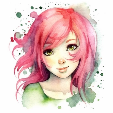 watercolour clipart of a girl with pink hair , green eyes, she is the catalyst for her group shared common dreams, binding the girls together. She is direct, occasionally sharp-tongued, and highly empathetic. With a heart full of compassion, she never hesitates to lend a helping hand to anyone in need. She`s dedication to their craft is unparalleled, make her smiling, exalted mood, white background, 8k, f1