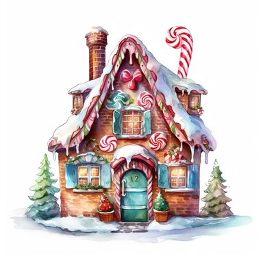 watercolor beautiful vintage Christmas gingerbread house candy house with icing fantasy clipart, whimsical, detailed watercolor style, on white background