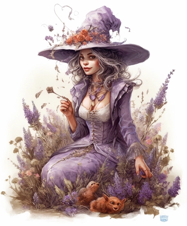 illustration art of cute feminine lavender witch, provence, meadow, many small and colorful particles, masterpiece by Jean-Baptiste Monge style and by Edouard Bisson style, rococo style, PNG clipart, isolated on white, extreme photorealistic details, 32k HD resolution, realistic high detailization high resolution