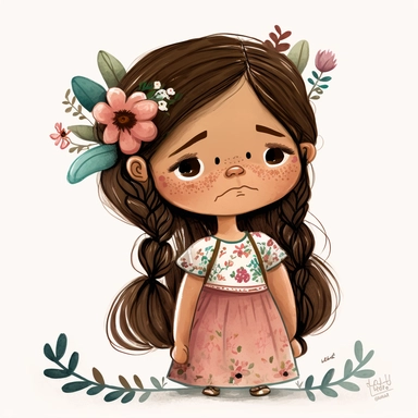 watercolor clipart, Bored girl because she has nothing to do, A 6-year-old girl with brown hair and brown eyes, her hair was always carefully styled into two long, straight braids, Full body image of a girl wearing a flower dress and pink shoes, illustration of children's book