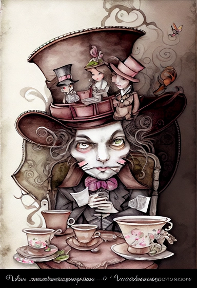 WHIMSICAL FANTASY Magical MAD HATTER TEA PARTY by [Rebecca Latham + Sarah Stribbling + sumi-e + nicoletta ceccoli], epic scene, soft dusty rose, brown and grey watercolor vintage CLIPART, illustration, hyper realistic, intricate detail clipart, watercolor, painterly, Jean-Baptiste Monge, drawing on top of old grunge beautiful scrapbooking background paper, old paper texture, decoupage printable digital background, distressed borders, vintage borders, grunge borders, shabby borders