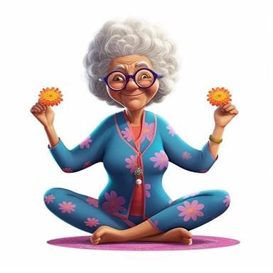 Cute Beautiful Funny grandmother practicing yoga Sublimation Clipart,Cartoon, hyper realistic, intricate detail, illustration style,high solution,on the white background