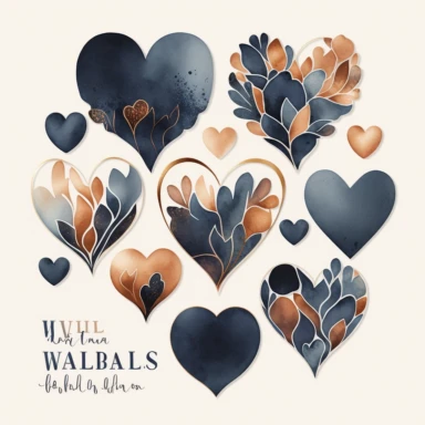 watercolor heart shapes, clipart collection, copper and navy tones, on white background