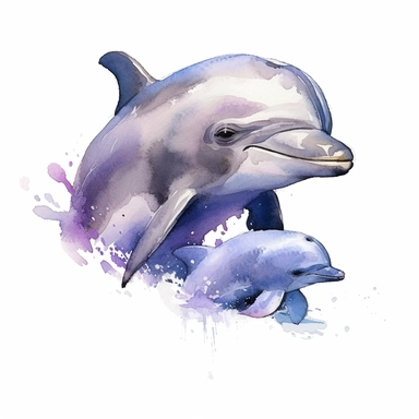 a Dolphin With Baby in the style of watercolour clipart with detailed brush strokes