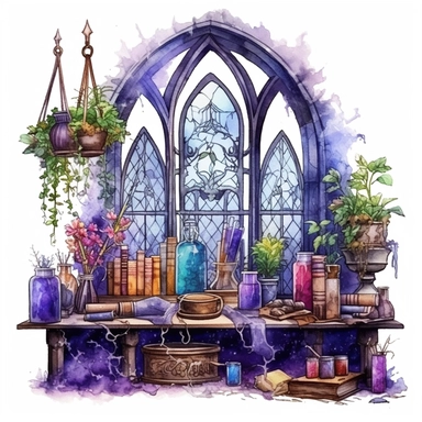 magical style wizard's magic working corner with watercolor effect,suitable for digital clipart,magic tools,magical gothic books,potion bottles,a working table front of the arched styled window,white background,magical flowers,magical scene,fairy dark colours,green ,blue,purple,gothic details