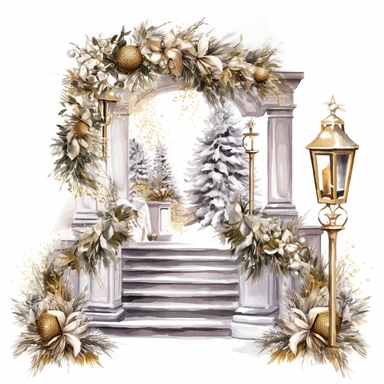 vector watercolor cute silver and gold Christmas porch clipart on white background, winter, silver and gold holiday Christmas porch, photorealistic, ultrarealistic, no background, on white