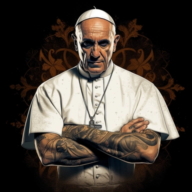 Pope Franciswith tattoos, tanktop shirt, facing frontal, arms crossed, vatican background, half body, 2d, ambient, clipart, black grunge border