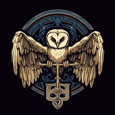 barn owl swooping holding a skeleton key, Clipart logo, vector graphic, Gothic motif