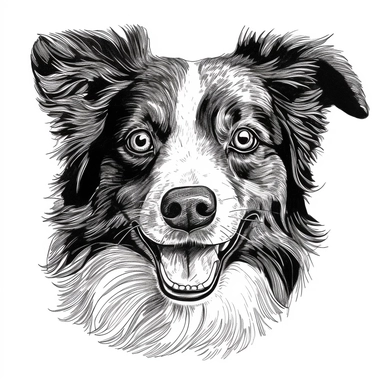 aussie dog face hand drawn clipart image, black and white for coloring book, white background