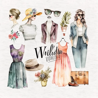 watercolor vintage boutique fashion clipart, white background, spaced out, hd--v 5