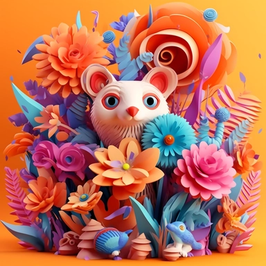 colour 3D animal clipart, in the style of modern color palettes, cute and dreamy, heavy shading, colorful storytelling, modern style, colour flower background