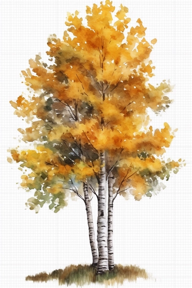 watercolor autumn Paper Birch tree, high details, high resolution, HDR, solid background, clipart