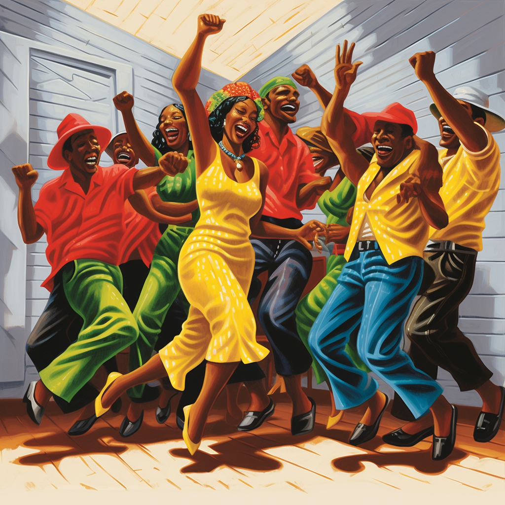 a group of black people dancing, dressed in red, green and yellow, the ...