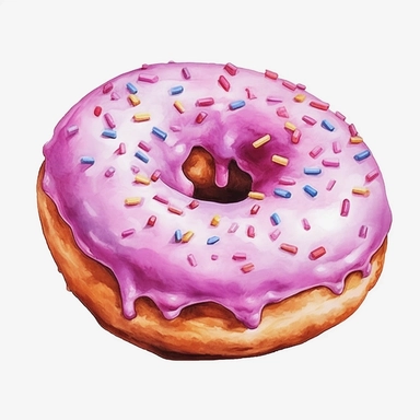 High resolution, Watercolor Donut Clipart, Sweet Bakery Food, hyper realistic painting, clipart, With white background for removing, no text on image