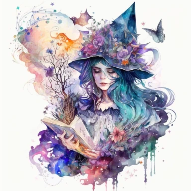 beautiful witch, watercolor clipart reading, in the style of the stars art group (xing xing), tanya shatseva, artgerm, Josephine Wall, pastel colors scheme, lovely, uhd image, transparent/translucent medium, bloomcore, matte painting, white background, charming character illustrations –seed 2402384654
