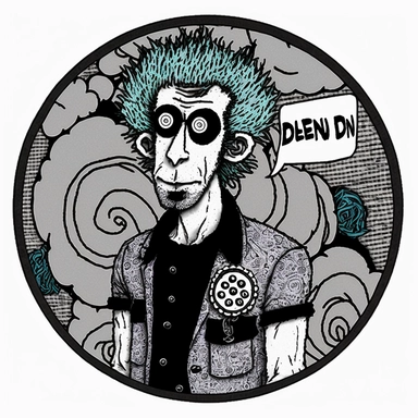 sheep designer, Basil Wolverton, Dungeons & Dragons, handpainted punk zine fashion poster, clipart illustration, circle white background, circle border