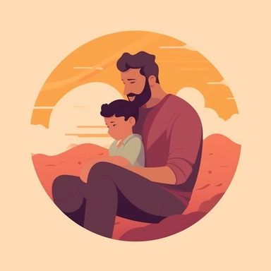 Create a heartfelt Father's Day clipart showcasing a dad hugging his child. The scene should depict a warm, loving moment where they are both smiling, symbolizing their strong bond. The dad can be kneeling or sitting to be at the child's height. Try to incorporate soft, soothing colors to emphasize the loving nature of the scene. Additionally, include a decorative banner at the bottom of the clipart with the phrase 'Dad's Hug, Best Hug'. Please ensure the illustration is clear and high-resolutio