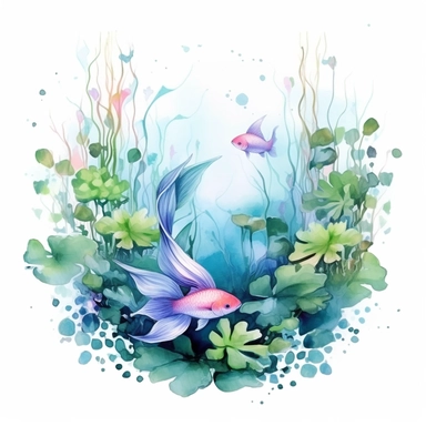 clipart, isolated on white background, Watercolor Spring pond with swimming colorful fish underwater, underwater plants, ornated, pastel colors