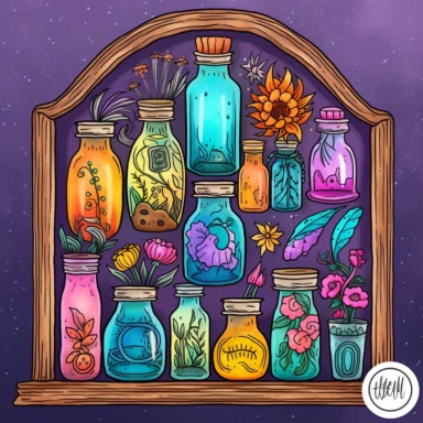 Witchy Apothecary Clipart, Wiccan Spell Bottle Cabinet, Magic, Mystical Floral, Witchcraft, Pagan, rainbow, pastels, bright colors, vivid colors, 4k, sticker