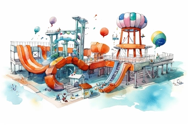 Watercolor, Generate a futuristic sports arena with balloons used as equipment and obstacles. clipart, hd, on a white background, spaced out