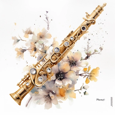 a simple gorgeous aesthetic A vintage gold whole Clarinet with floral details and gold accents on white background clipart, watercolor painting realistic, high quality, vibrant, Vicente Romero Redondo, Willem van Aelst
