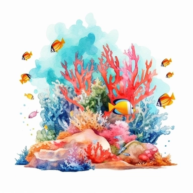 watercolor colorful clipart of a dazzling coral reef with colorful fish, hd, on white background