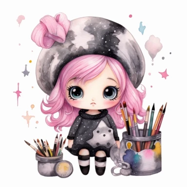 Watercolor funny create kawaii marbled black, silver, pink chibi with school supplies clipart, isolated