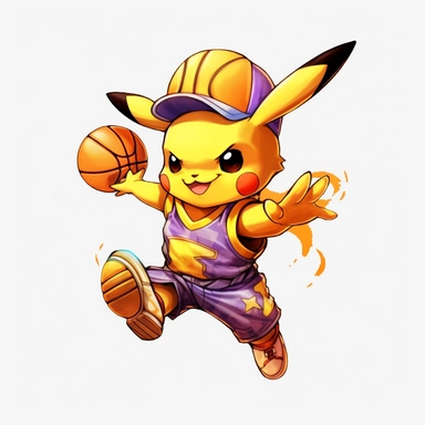 Pokemon Pikachu playing basketball as Original LA lakers. Comic Design 3d clipart with black contours. White background