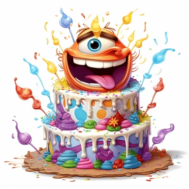clipart of a messy two layer birthday cake, there is a funny face in the cake, candles, cartoon, for kids, funny, pixar, 8k, white background, sharp focus, detailed,