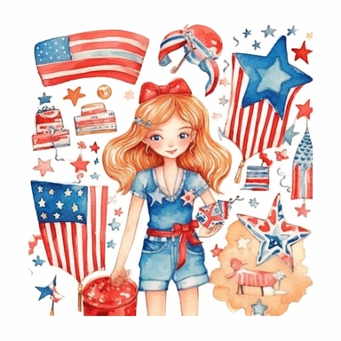 watercolor illustration, cute 1st of July clipart, high resolution, detailed doodle, white background, doodle clipart USA