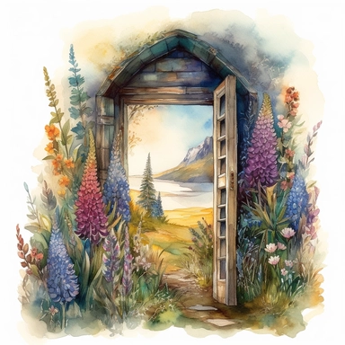 isolated on white illustration watercolor art of a front door from inside the fairy house, the window shows the landscape from the garden with lupine and a road going into the mountains, a lot of lupine, masterpiece by Hans Zatzka style and by Josephine Wall style and by Alexander Jansson style and by Ivan Fedorovich Choultse style, Art Nouveau Architecture, PNG clipart, isolated on white, extreme photorealistic details, 32k HD resolution, realistic high detailization high resolution