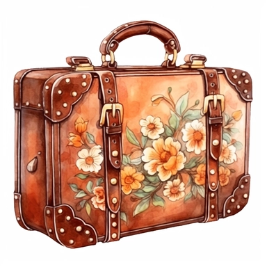 Leather brown retro bag , floral, james christensen style,illustration Watercolor hand painted vintage suitcase design. Travel concept clipart,white background with margins , white background for removing background - - no text shadow font watermark