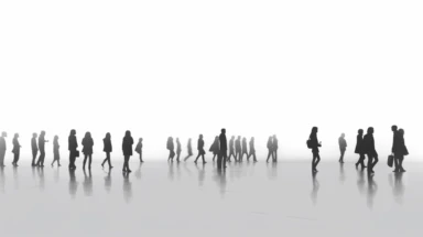 50% grey silhouettes of realistically represented pedestrians, people mingling about aimlessly, moving off into the background toward the distant horizon, on a white background, flat colors, narrow depth of field, clip art style,