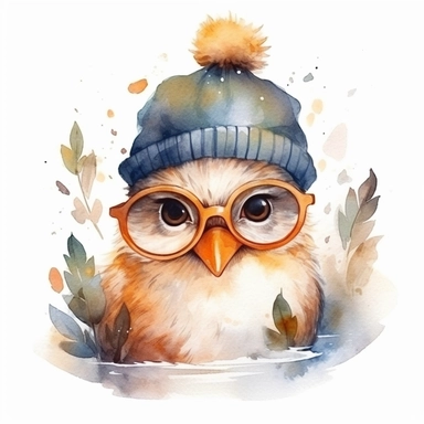 Cute duck BABY WITH GLASSES AND CAP, BIG BEAUTIFUL SHINNING EYES, HEAD TWISTED DOWN TO THE SIDE, Watercolor Little Animals Clipart, LEAVES AND TREE , winter