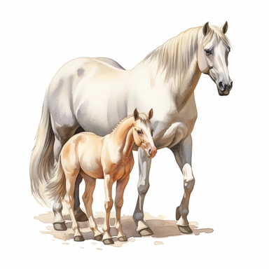andalusian horse and foal watercolour painting realistic yet stylized, digitally enhanced, clipart, 32k uhd, detailed crosshatching white background